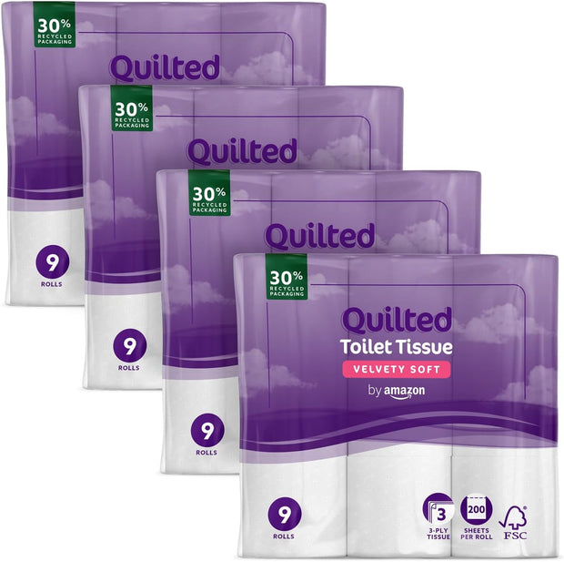 Papier Toilette, 3 Épaisseurs Matelassé, Doux et Soyeux, 36 Rouleaux (4 Paquets de 9)