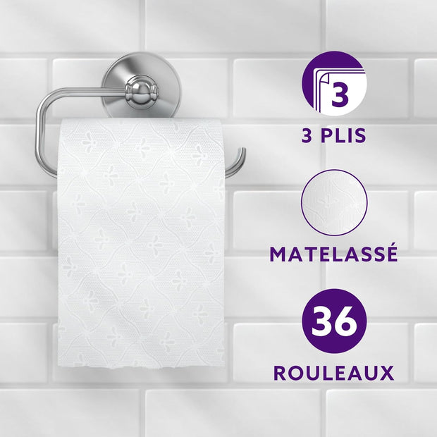 Papier Toilette, 3 Épaisseurs Matelassé, Doux et Soyeux, 36 Rouleaux (4 Paquets de 9)